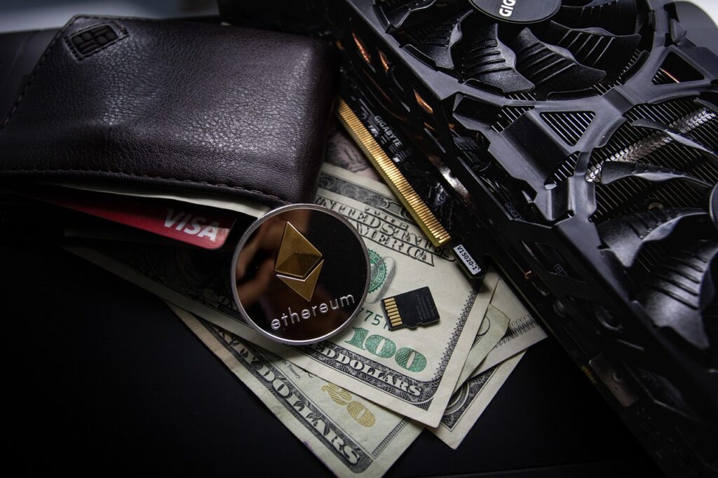 Persoon die een crypto-wallet-app op zijn telefoon bekijkt om Ethereum te kopen