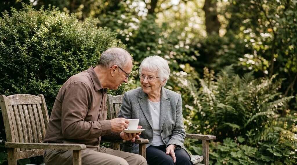 Een oudere man en vrouw bekijken samen financiële documenten aan de keukentafel